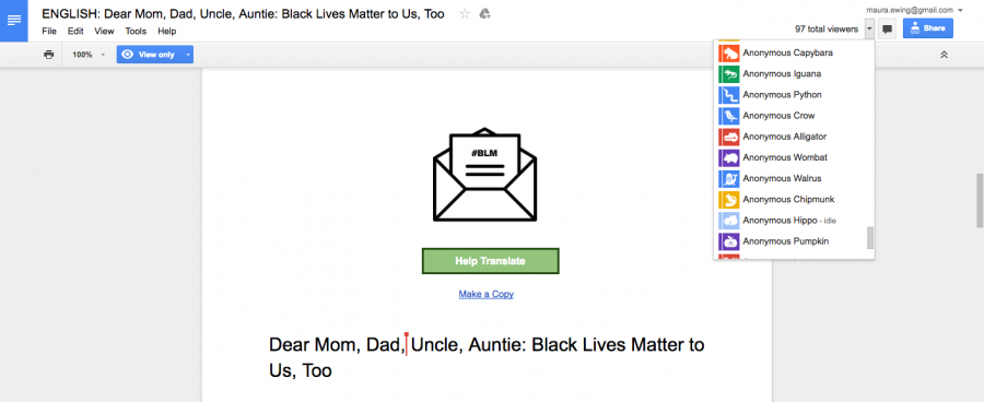 Envelope, request to help translate and users on a Google document